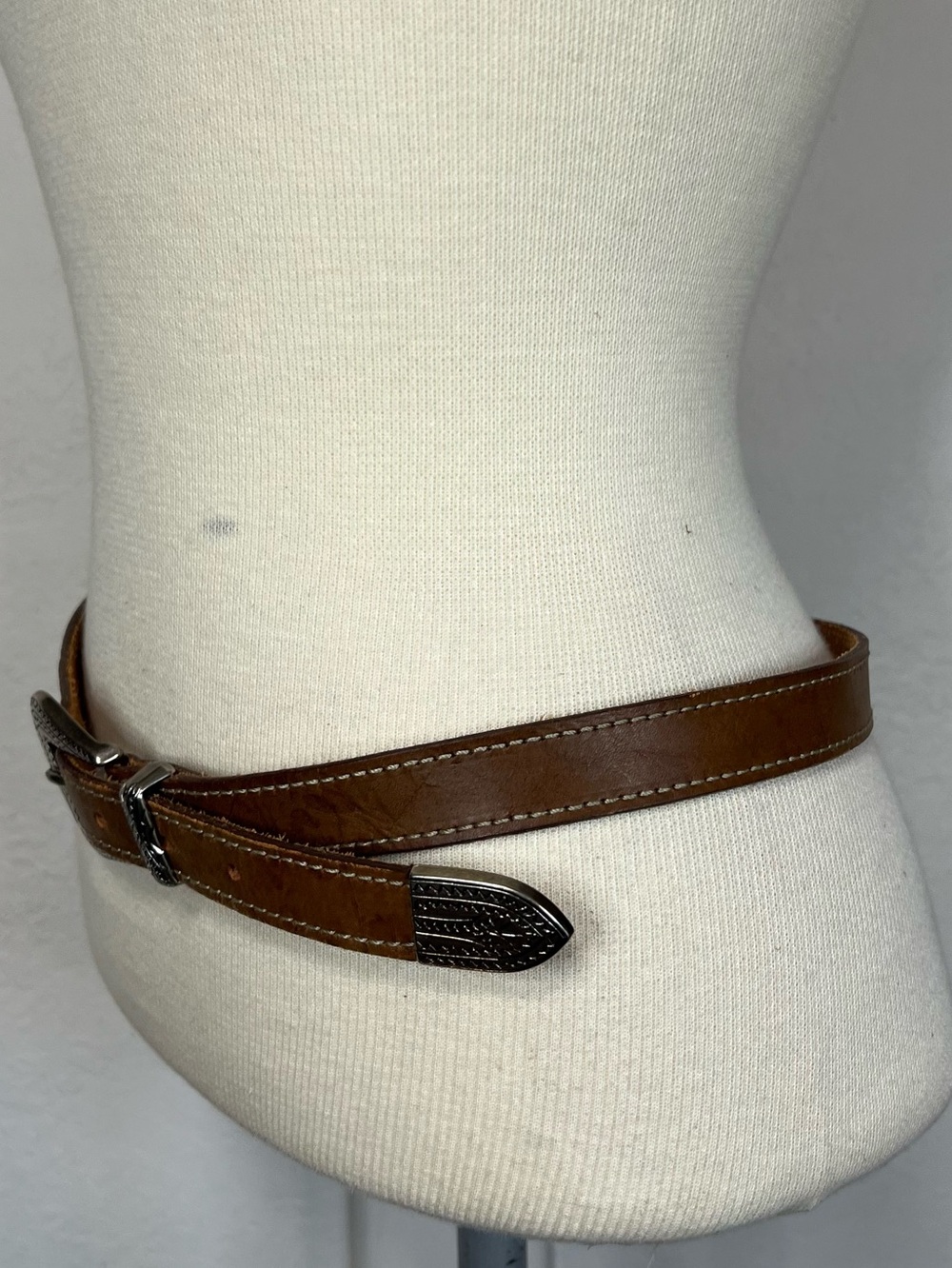 Brown Leather Western Belt with Silver Buckle - Picture 5 of 16